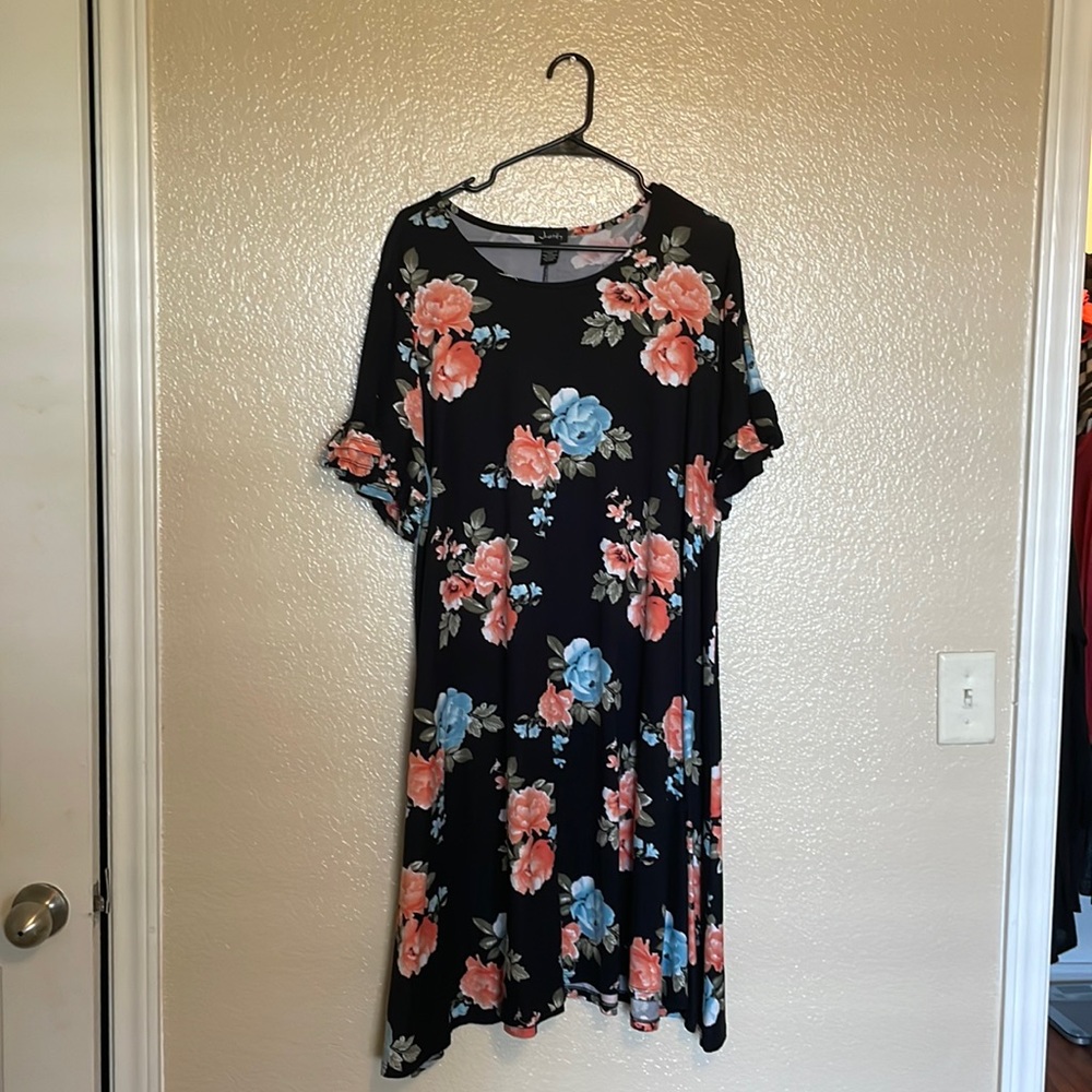 Justify dress- black light weight summer dress with pink and blue flowers.
